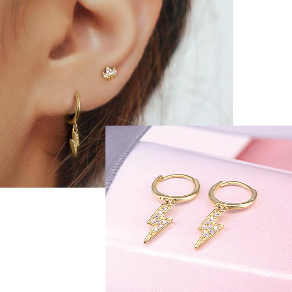21095 925 Sterling Silver Lightening Bolt Hoop Earrings | Minimalist Huggies